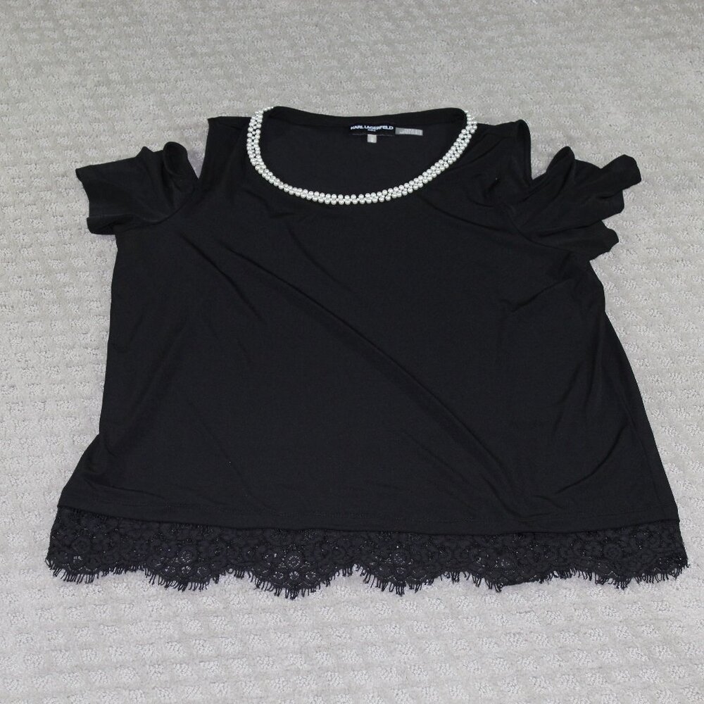 Karl Lagerfeld Women's L Black Lace and Faux Pearl Trimmed Cold Shoulder Top